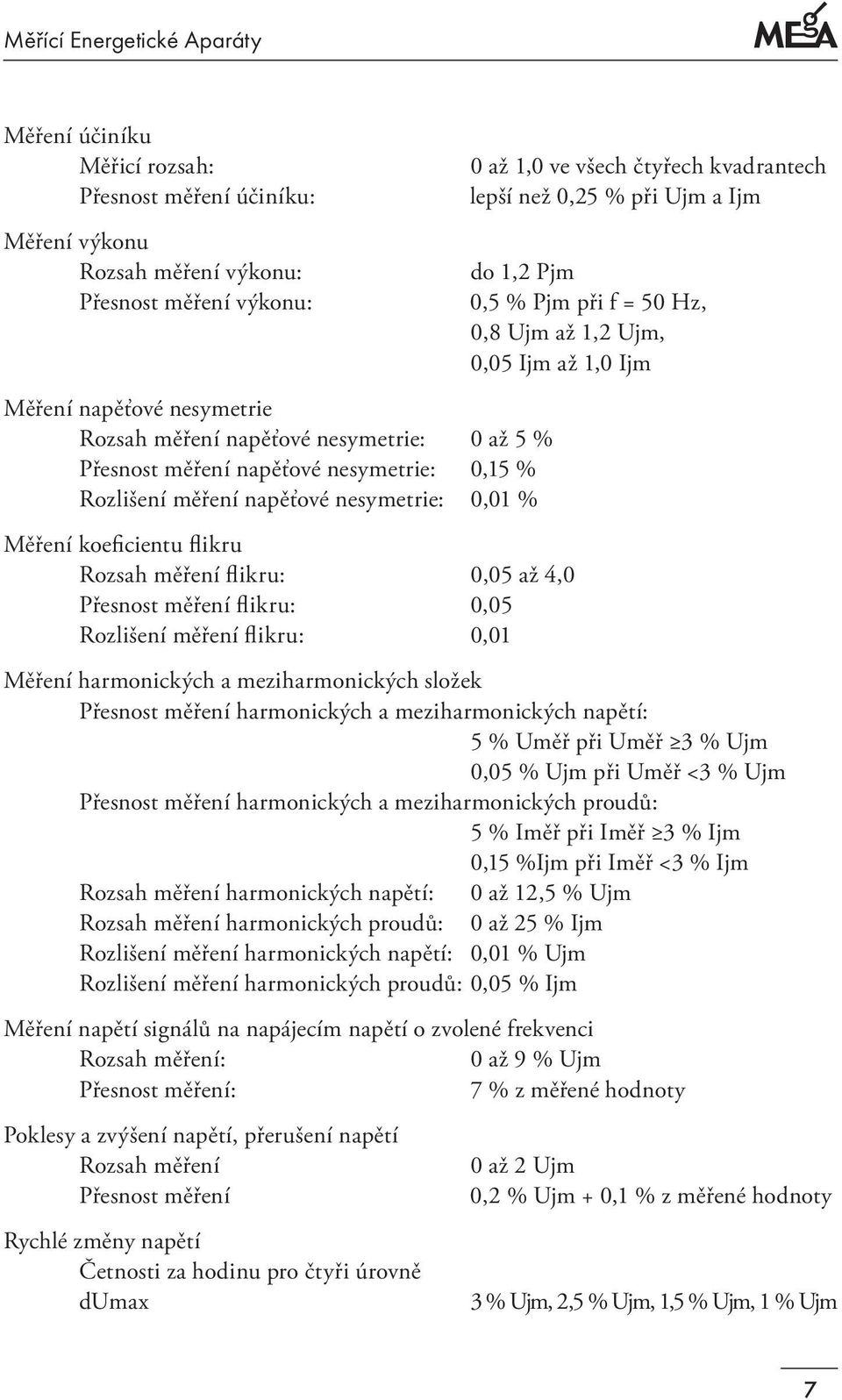 0,01 0 až 1,0 ve všech čtyřech kvadrantech lepší než 0,25 % při Ujm a Ijm do 1,2 Pjm 0,5 % Pjm při f = 50 Hz, 0,8 Ujm až 1,2 Ujm, 0,05 Ijm až 1,0 Ijm Měření harmonických a meziharmonických složek