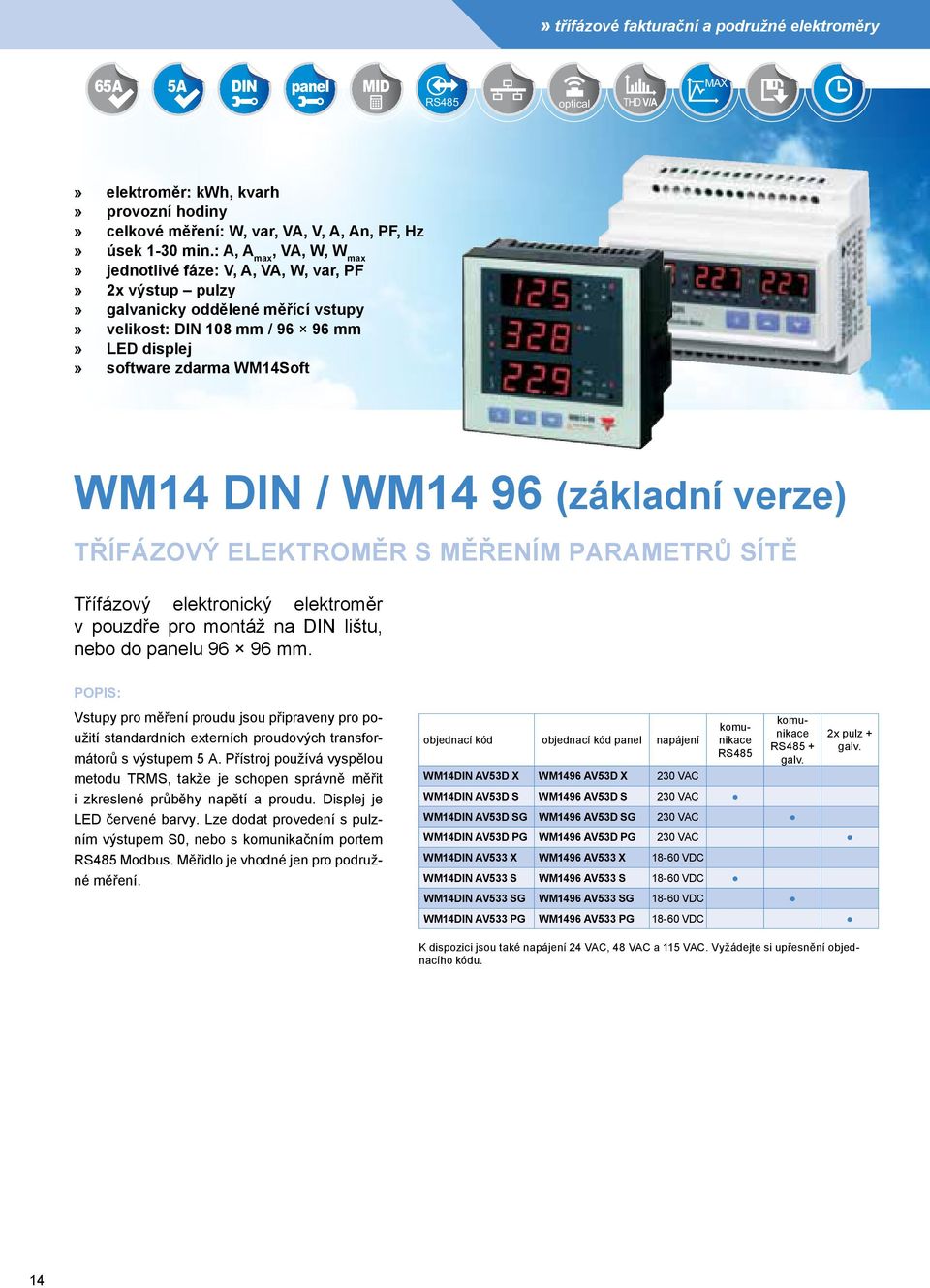 96 (základní verze) TŘÍFÁZOVÝ ELEKTROMĚR S MĚŘENÍM PARAMETRŮ SÍTĚ Třífázový elektronický elektroměr v pouzdře pro montáž na DIN lištu, nebo do panelu 96 96 mm.