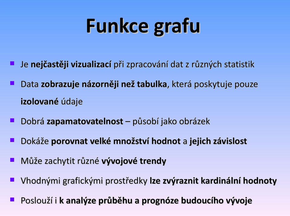 porovnat velké množství hodnot a jejich závislost Může zachytit různé vývojové trendy Vhodnými