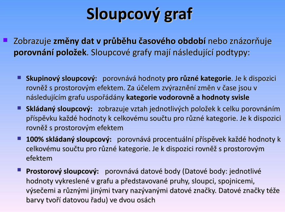 Za účelem zvýraznění změn v čase jsou v následujícím grafu uspořádány kategorie vodorovně a hodnoty svisle Skládaný sloupcový: zobrazuje vztah jednotlivých položek k celku porovnáním příspěvku každé