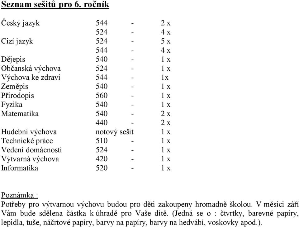 560-1 x Matematika 540-2 x 440-2 x Hudební výchova notový sešit 1 x Technické práce 510-1 x Vedení domácnosti 524-1