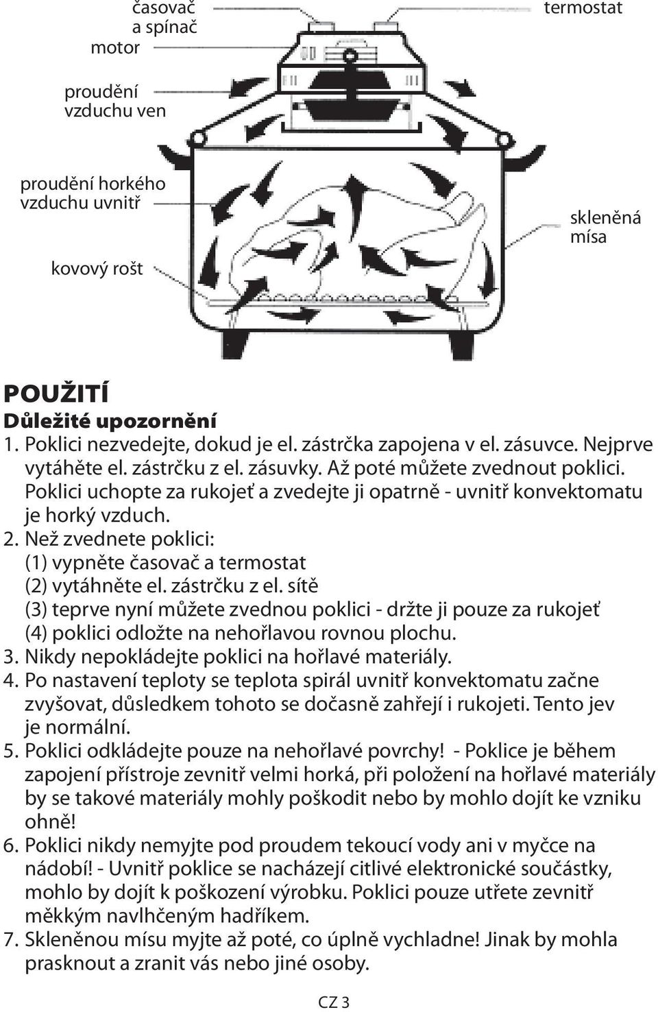Než zvednete poklici: (1) vypněte časovač a termostat (2) vytáhněte el. zástrčku z el.