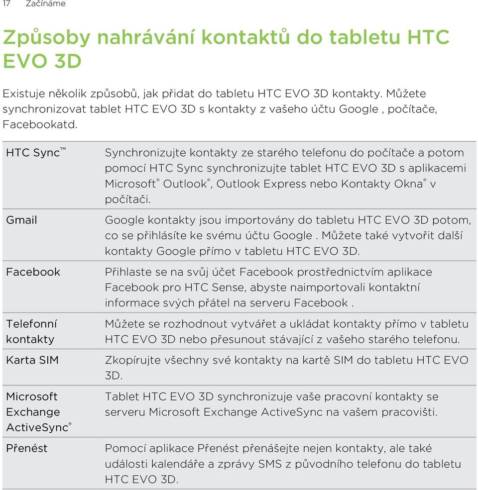 HTC Sync Gmail Facebook Telefonní kontakty Karta SIM Microsoft Exchange ActiveSync Přenést Synchronizujte kontakty ze starého telefonu do počítače a potom pomocí HTC Sync synchronizujte tablet HTC