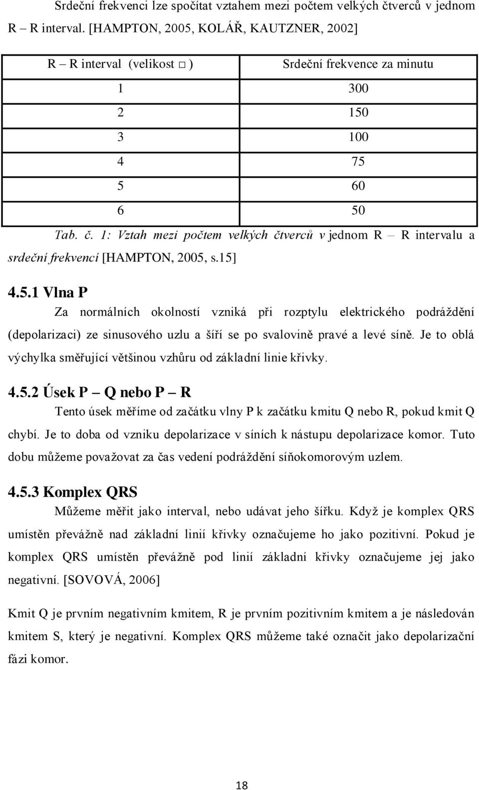 1: Vztah mezi počtem velkých čtverců v jednom R R intervalu a srdeční frekvencí [HAMPTON, 2005,