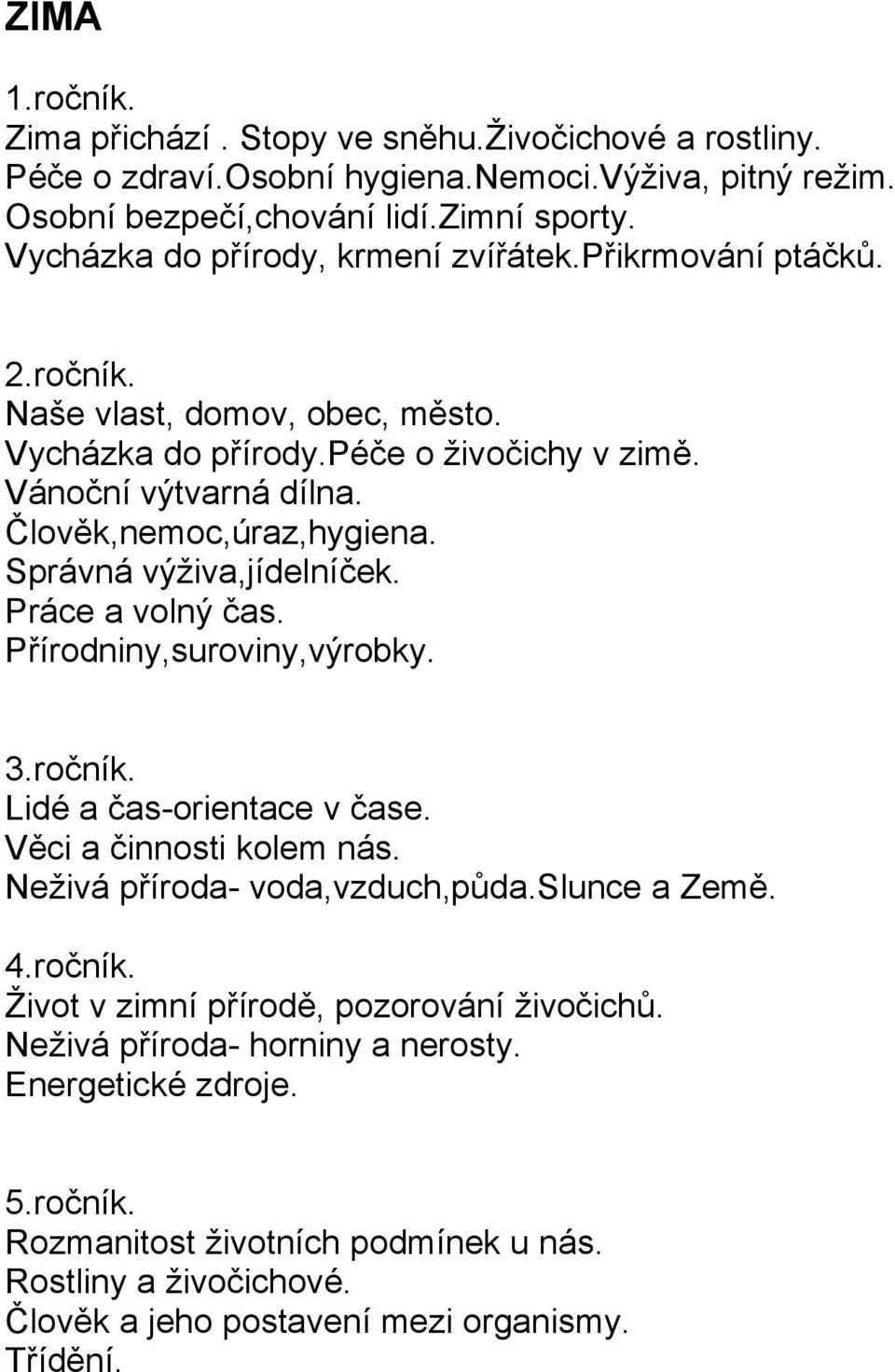 Správná výživa,jídelníček. Práce a volný čas. Přírodniny,suroviny,výrobky. 3.ročník. Lidé a čas-orientace v čase. Věci a činnosti kolem nás. Neživá příroda- voda,vzduch,půda.slunce a Země. 4.