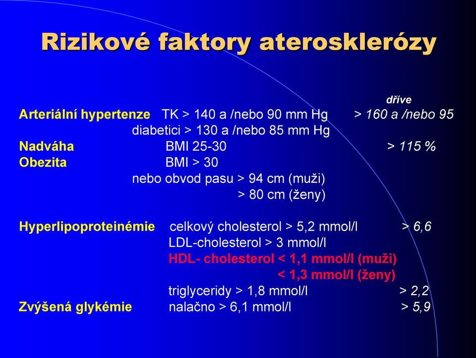 80 cm (ženy) Hyperlipoproteinémie celkový cholesterol > 5,2 mmol/l > 6,6 LDL-cholesterol > 3 mmol/l HDL-