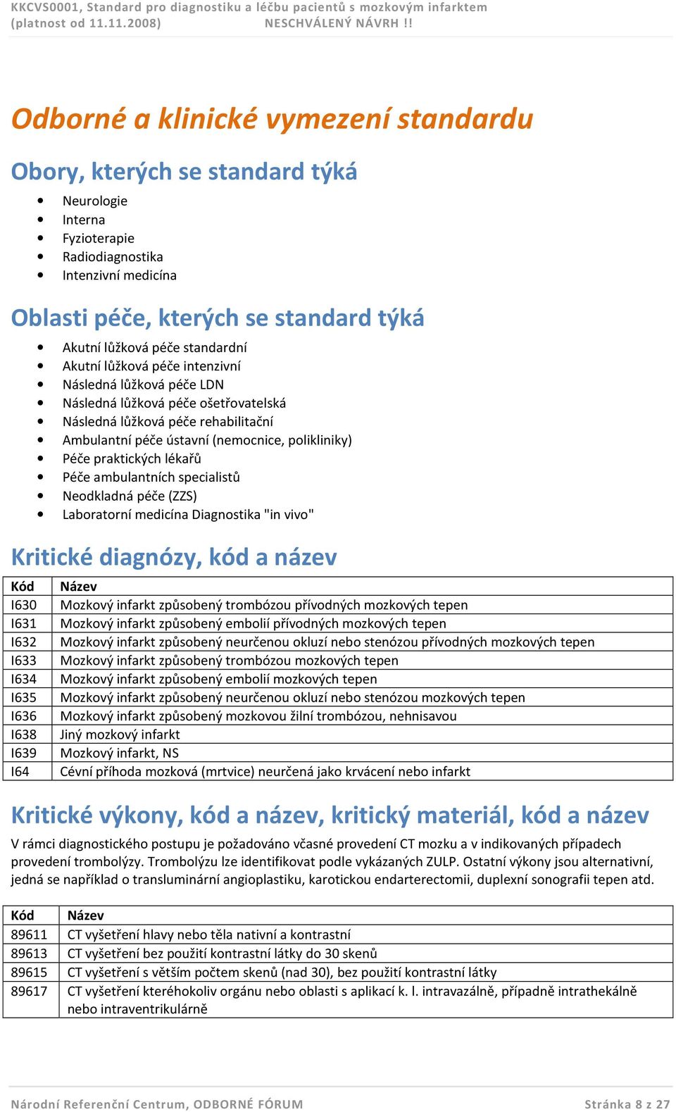 praktických lékařů Péče ambulantních specialistů Neodkladná péče (ZZS) Laboratorní medicína Diagnostika "in vivo" Kritické diagnózy, kód a název Kód Název I630 Mozkový infarkt způsobený trombózou