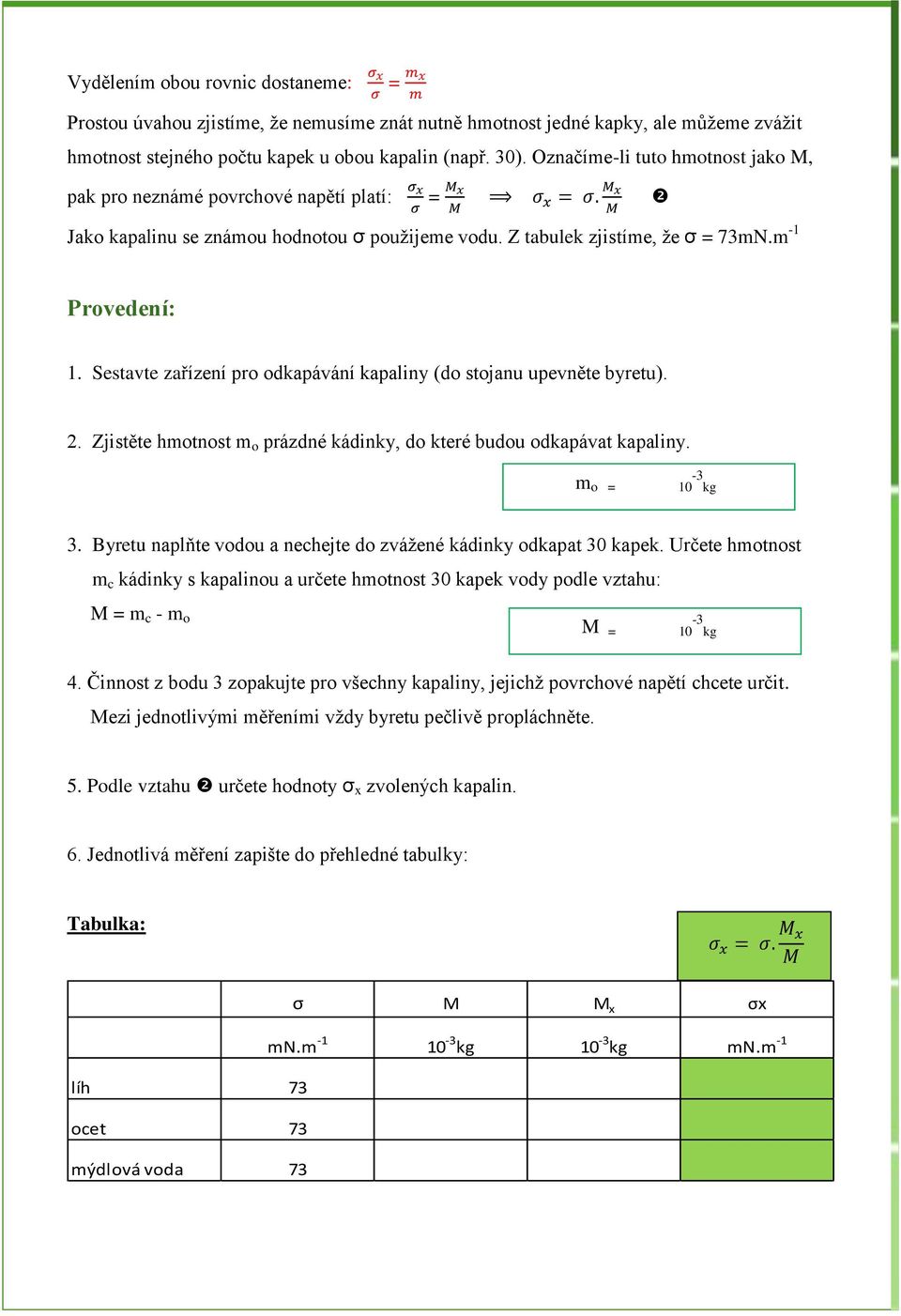 Sestavte zařízení pro odkapávání kapaliny (do stojanu upevněte byretu). 2. Zjistěte hmotnost m o prázdné kádinky, do které budou odkapávat kapaliny. m o = 10-3 kg 3.