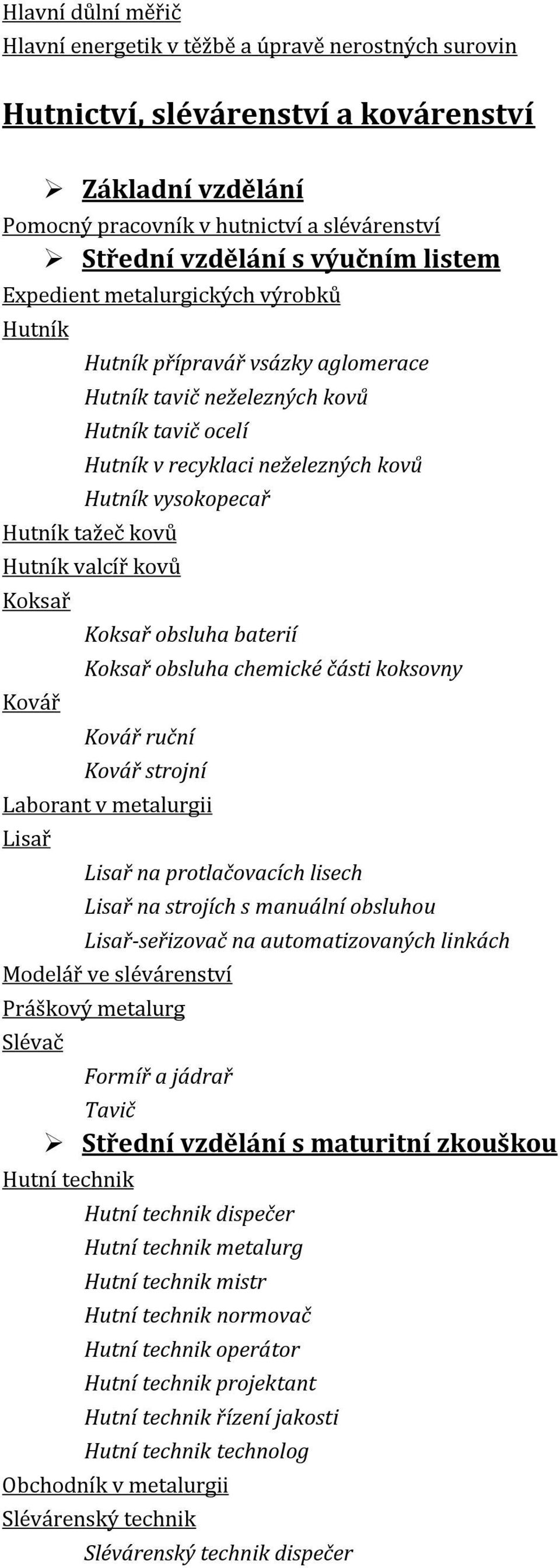 kovů Hutník valcíř kovů Koksař Kovář Koksař obsluha baterií Koksař obsluha chemické části koksovny Kovář ruční Kovář strojní Laborant v metalurgii Lisař Lisař na protlačovacích lisech Lisař na