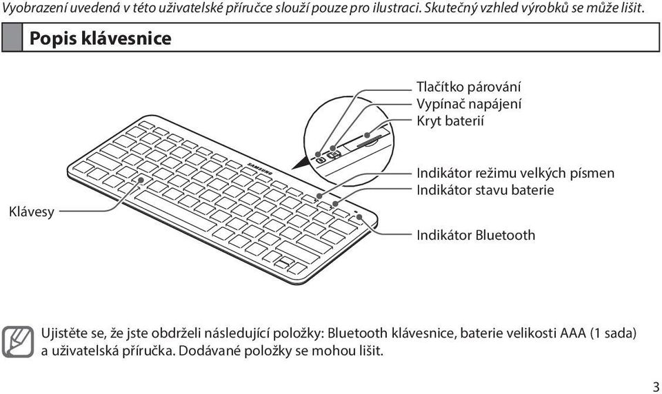 Popis klávesnice Tlačítko párování Vypínač napájení Kryt baterií Klávesy Indikátor režimu velkých písmen