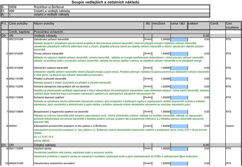 soustava Ceník, kapitola Poznámka uchazeče Díl: VN Vedlejší náklady 1 005121010R Vybudování zařízení staveniště Soubor 1,00000 RTS Náklady spojené s případným vypracováním projektové dokumentace