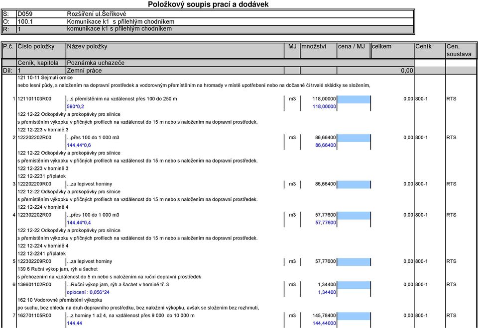 soustava Ceník, kapitola Poznámka uchazeče Díl: 1 Zemní práce 121 10-11 Sejmutí ornice nebo lesní půdy, s naložením na dopravní prostředek a vodorovným přemístěním na hromady v místě upotřebení nebo