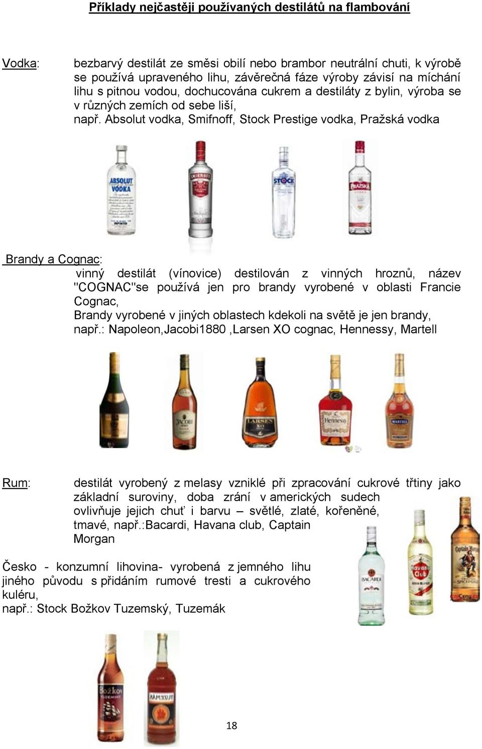 Absolut vodka, Smifnoff, Stock Prestige vodka, Praţská vodka Brandy a Cognac: vinný destilát (vínovice) destilován z vinných hroznů, název "COGNAC"se pouţívá jen pro brandy vyrobené v oblasti Francie