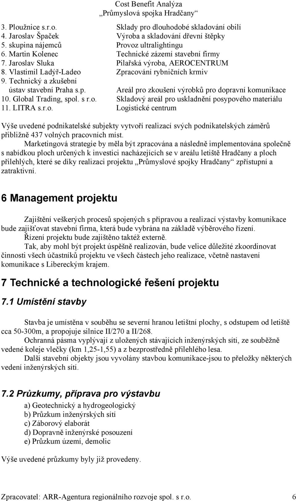 Global Trading, spol. s r.o. Skladový areál pro uskladnění posypového materiálu 11. LITRA s.r.o. Logistické centrum Výše uvedené podnikatelské subjekty vytvoří realizací svých podnikatelských záměrů přibližně 437 volných pracovních míst.