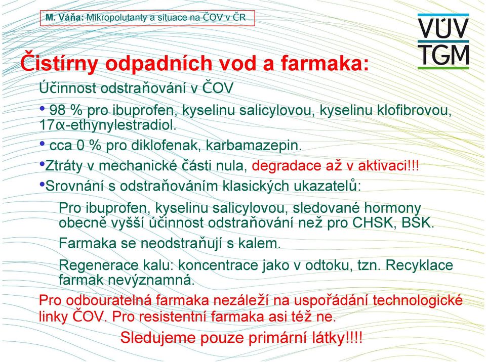 !! Srovnání s odstraňováním klasických ukazatelů: Pro ibuprofen, kyselinu salicylovou, sledované hormony obecně vyšší účinnost odstraňování než pro CHSK, BSK.