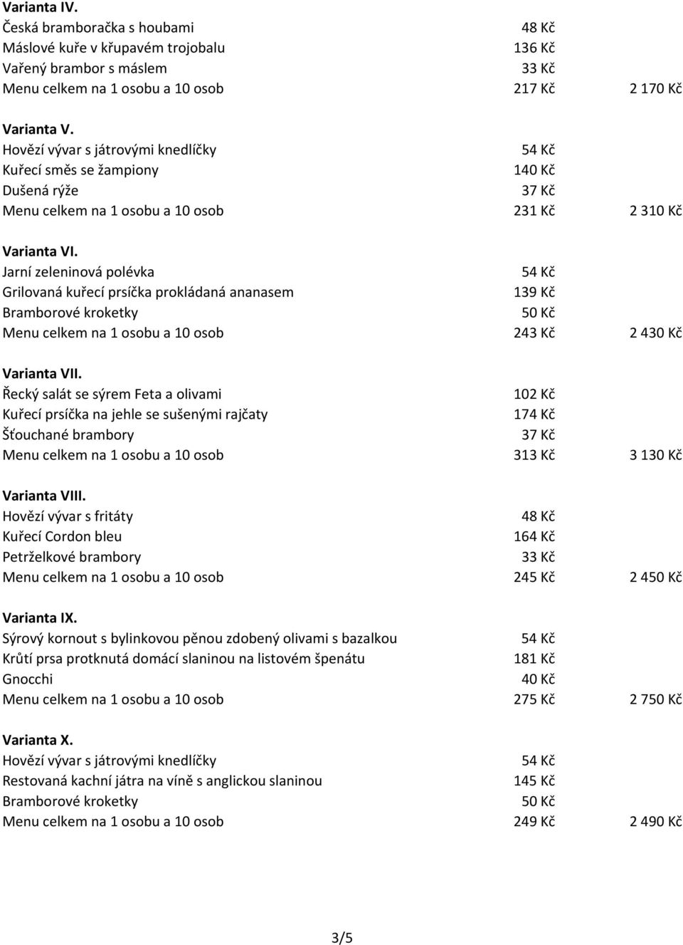 Jarní zeleninová polévka Grilovaná kuřecí prsíčka prokládaná ananasem 139 Kč Bramborové kroketky 50 Kč Menu celkem na 1 osobu a 10 osob 243 Kč 2430 Kč Varianta VII.