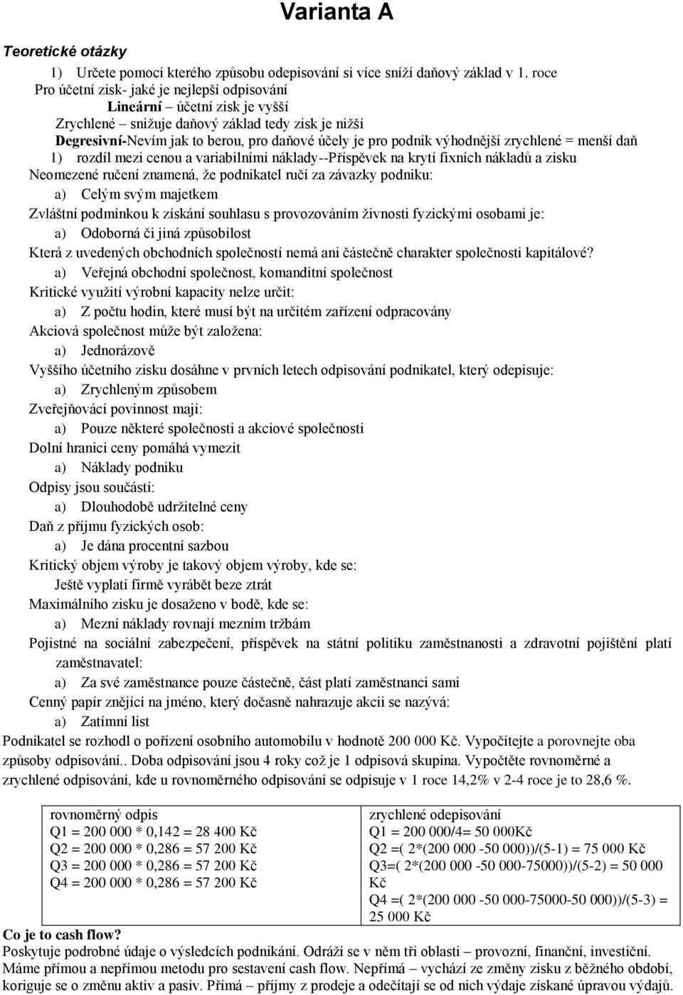 výhodnější zrychlené = menší daň 1) rozdíl mezi cenou a variabilními náklady--příspěvek na krytí fixních nákladů a zisku Neomezené ručení znamená, že podnikatel ručí za závazky podniku: a) Celým svým