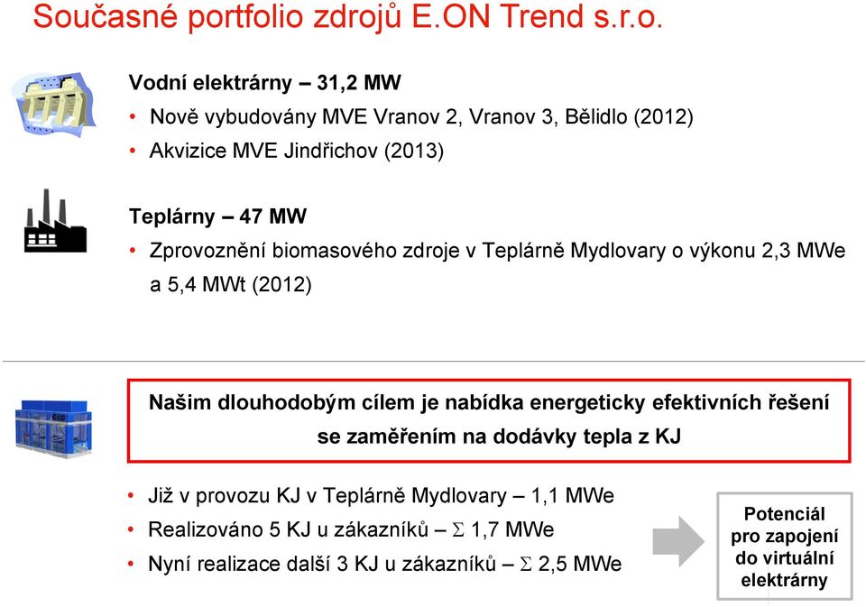 dlouhodobým cílem je nabídka energeticky efektivních řešení se zaměřením na dodávky tepla z KJ Již v provozu KJ v Teplárně Mydlovary