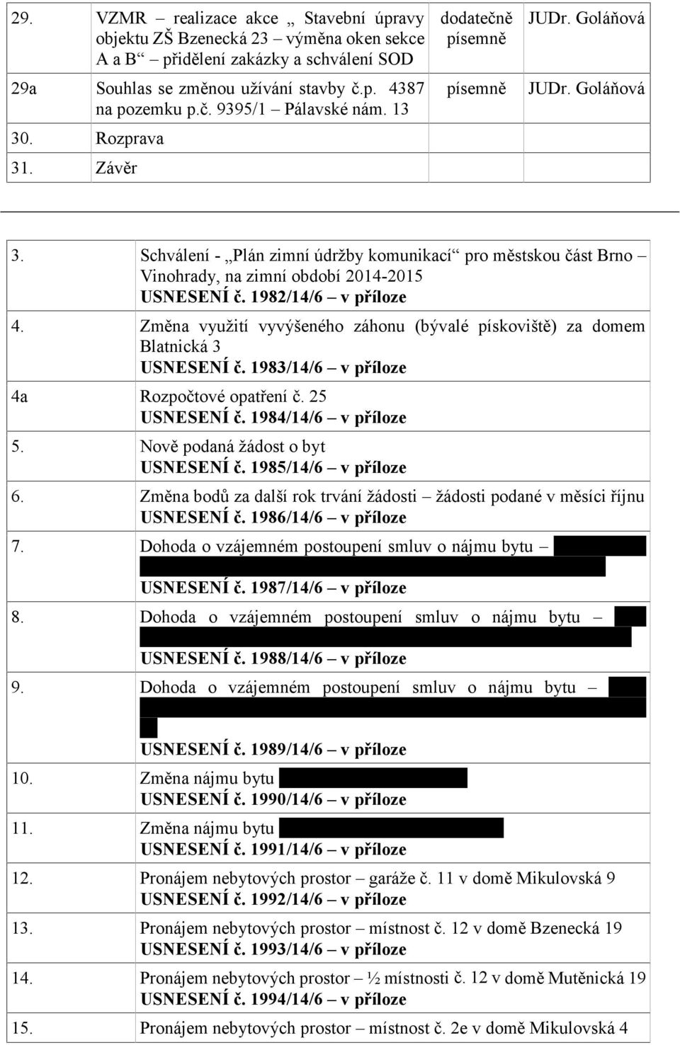 1982/14/6 v příloze 4. Změna využití vyvýšeného záhonu (bývalé pískoviště) za domem Blatnická 3 USNESENÍ č. 1983/14/6 v příloze 4a Rozpočtové opatření č. 25 USNESENÍ č. 1984/14/6 v příloze 5.