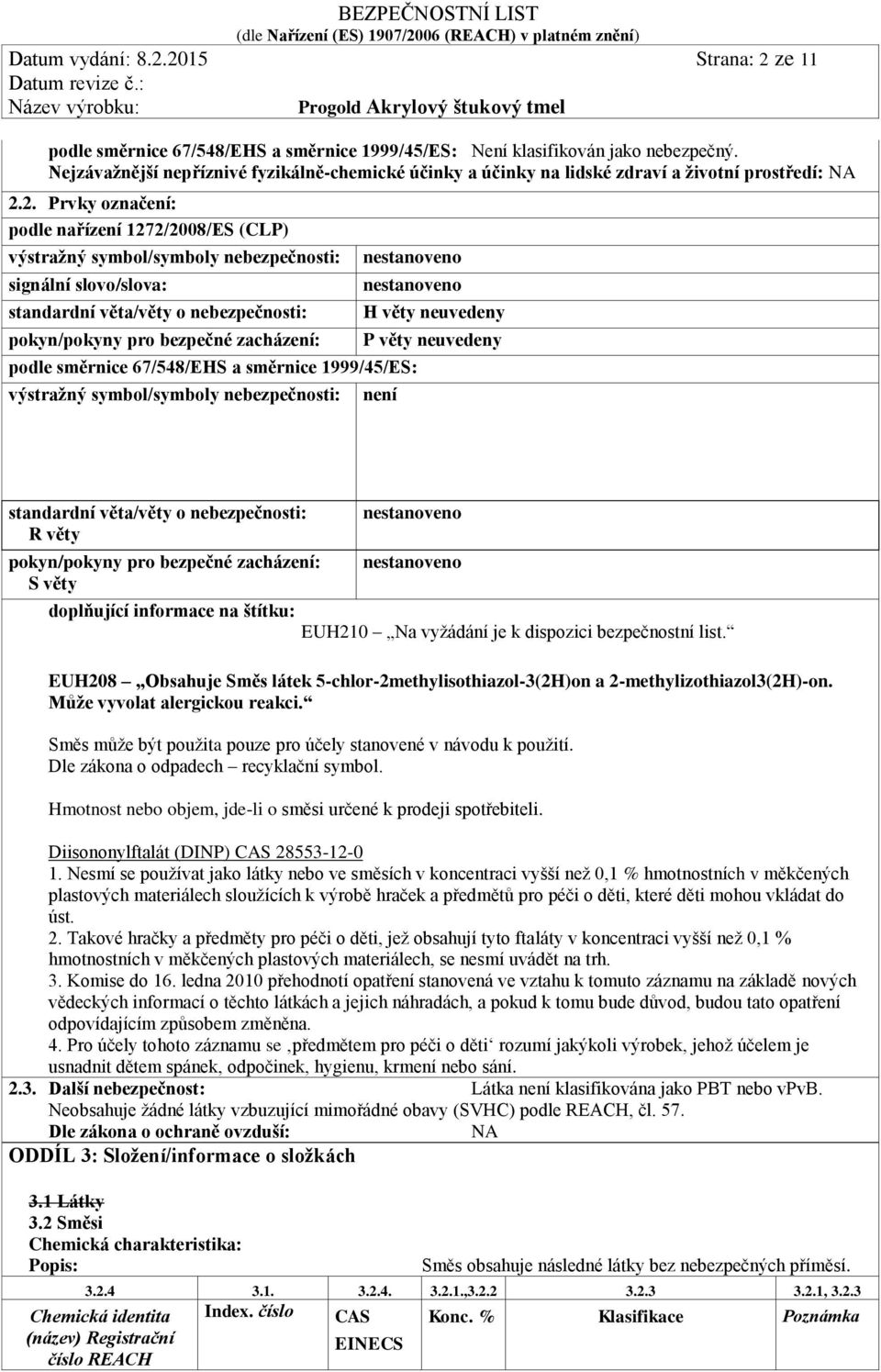 2. Prvky označení: podle nařízení 1272/2008/ES (CLP) výstražný symbol/symboly nebezpečnosti: signální slovo/slova: standardní věta/věty o nebezpečnosti: pokyn/pokyny pro bezpečné zacházení: