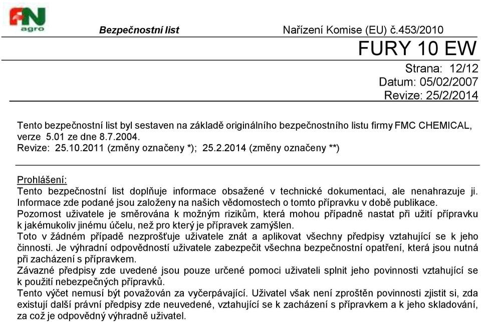 Pozornost uživatele je směrována k možným rizikům, která mohou případně nastat při užití přípravku k jakémukoliv jinému účelu, než pro který je přípravek zamýšlen.