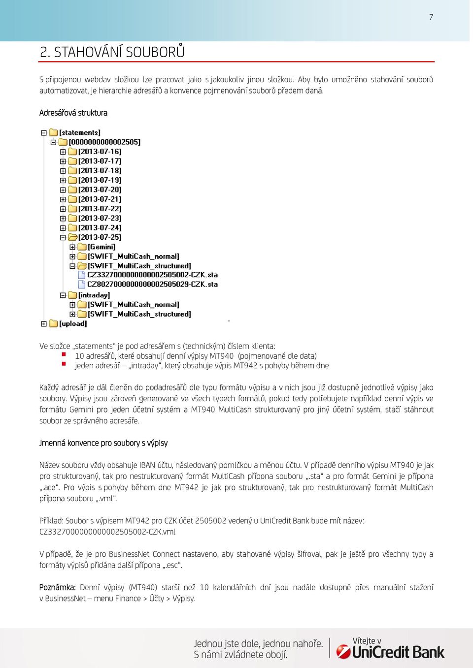 Adresářová struktura Ve složce statements je pod adresářem s (technickým) číslem klienta: 10 adresářů, které obsahují denní výpisy MT940 (pojmenované dle data) jeden adresář intraday, který obsahuje