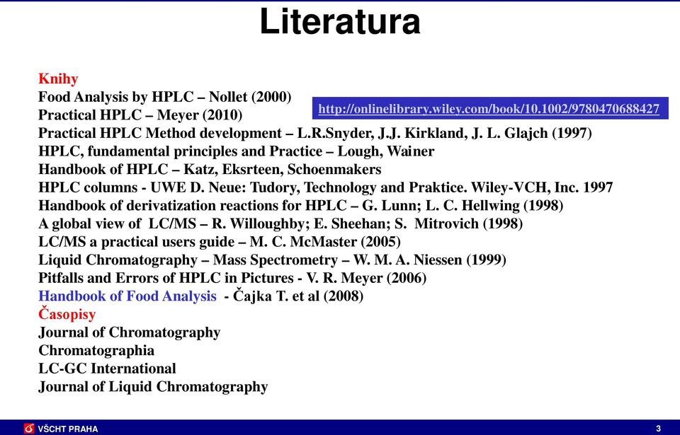 Neue: Tudory, Technology and Praktice. Wiley-VCH, Inc. 1997 Handbook of derivatization reactions for HPLC G. Lunn; L. C. Hellwing (1998) A global view of LC/MS R. Willoughby; E. Sheehan; S.