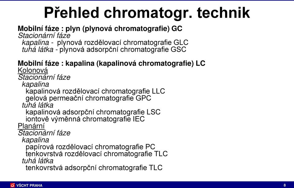 chromatografie GSC Mobilní fáze : kapalina (kapalinová chromatografie) LC Kolonová Stacionární fáze kapalina kapalinová rozdělovací chromatografie LLC
