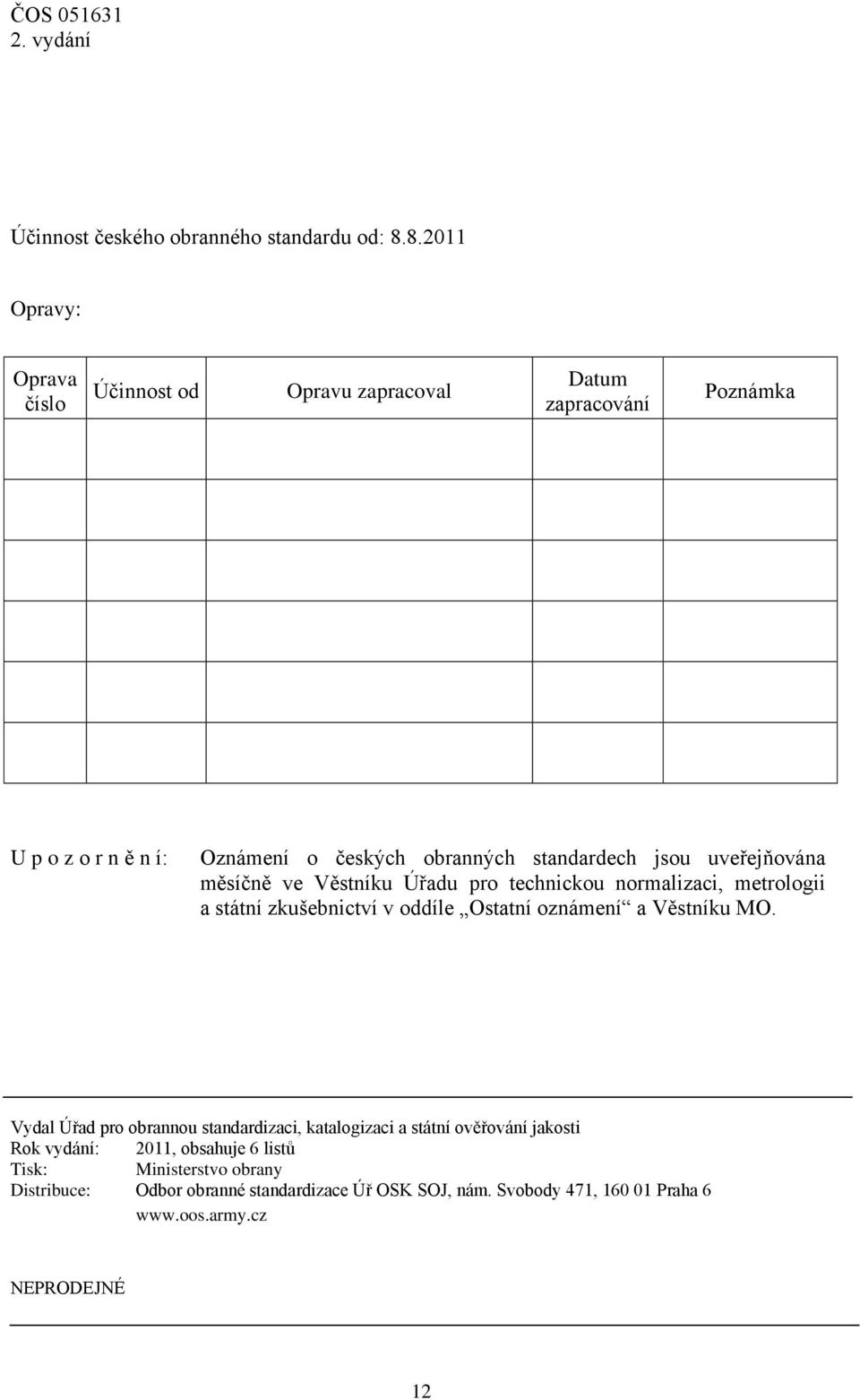 jsou uveřejňována měsíčně ve Věstníku Úřadu pro technickou normalizaci, metrologii a státní zkušebnictví v oddíle Ostatní oznámení a Věstníku MO.