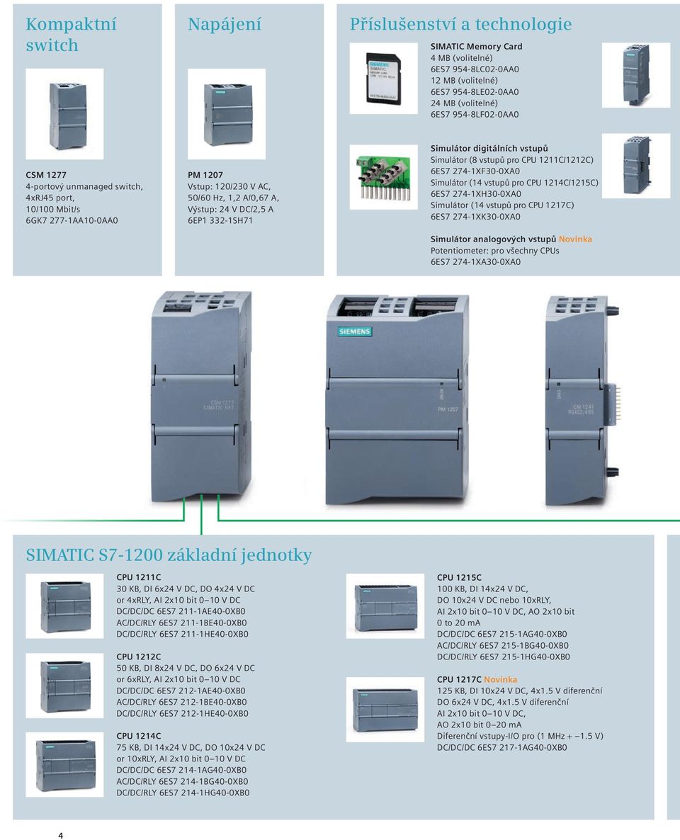 Simulátor (8 vstupů pro CPU 1211C/1212C) 6ES7 274-1XF30-0XA0 Simulátor (14 vstupů pro CPU 1214C/1215C) 6ES7 274-1XH30-0XA0 Simulátor (14 vstupů pro CPU 1217C) 6ES7 274-1XK30-0XA0 Simulátor