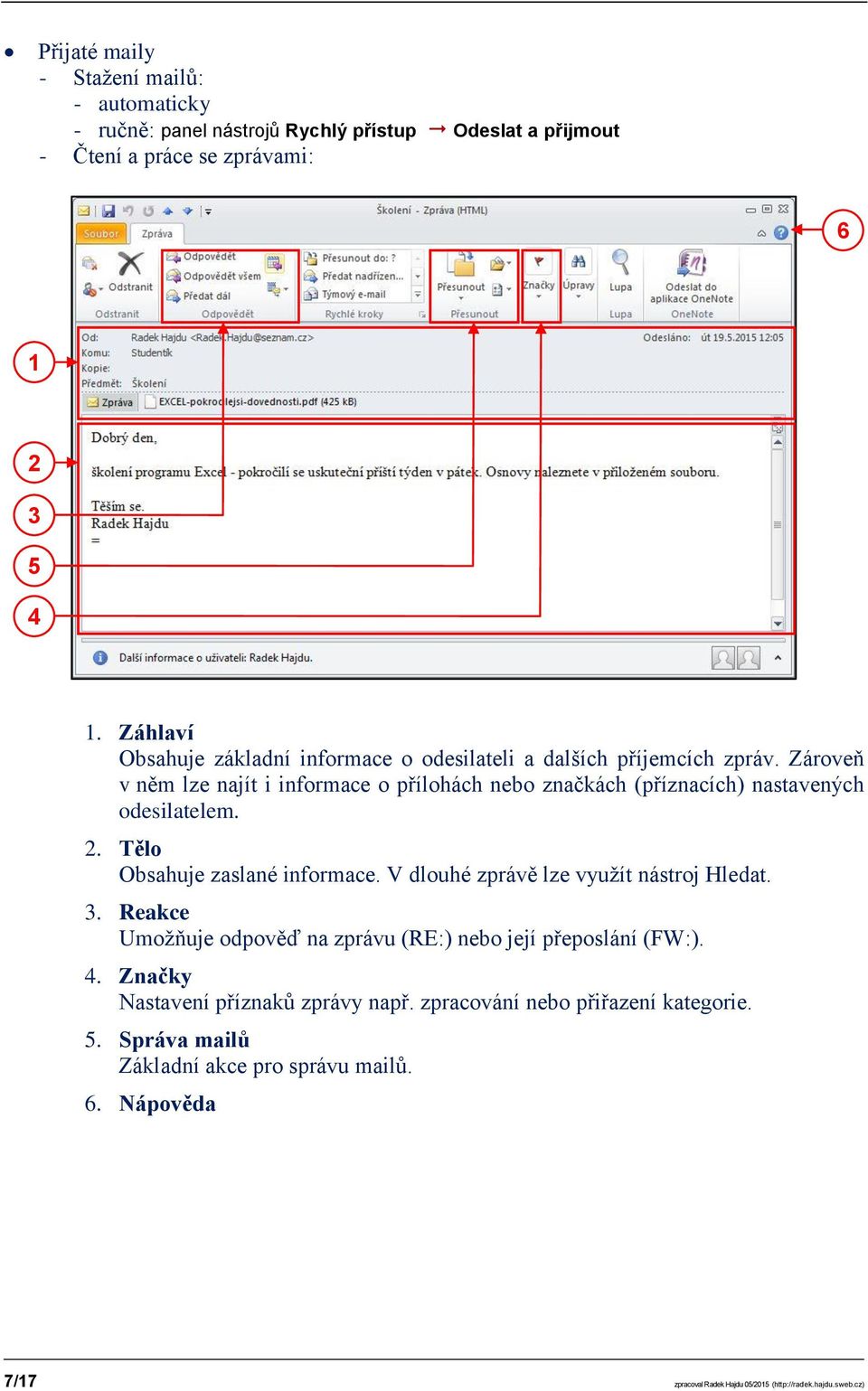 Zároveň v něm lze najít i informace o přílohách nebo značkách (příznacích) nastavených odesilatelem. 2. Tělo Obsahuje zaslané informace.