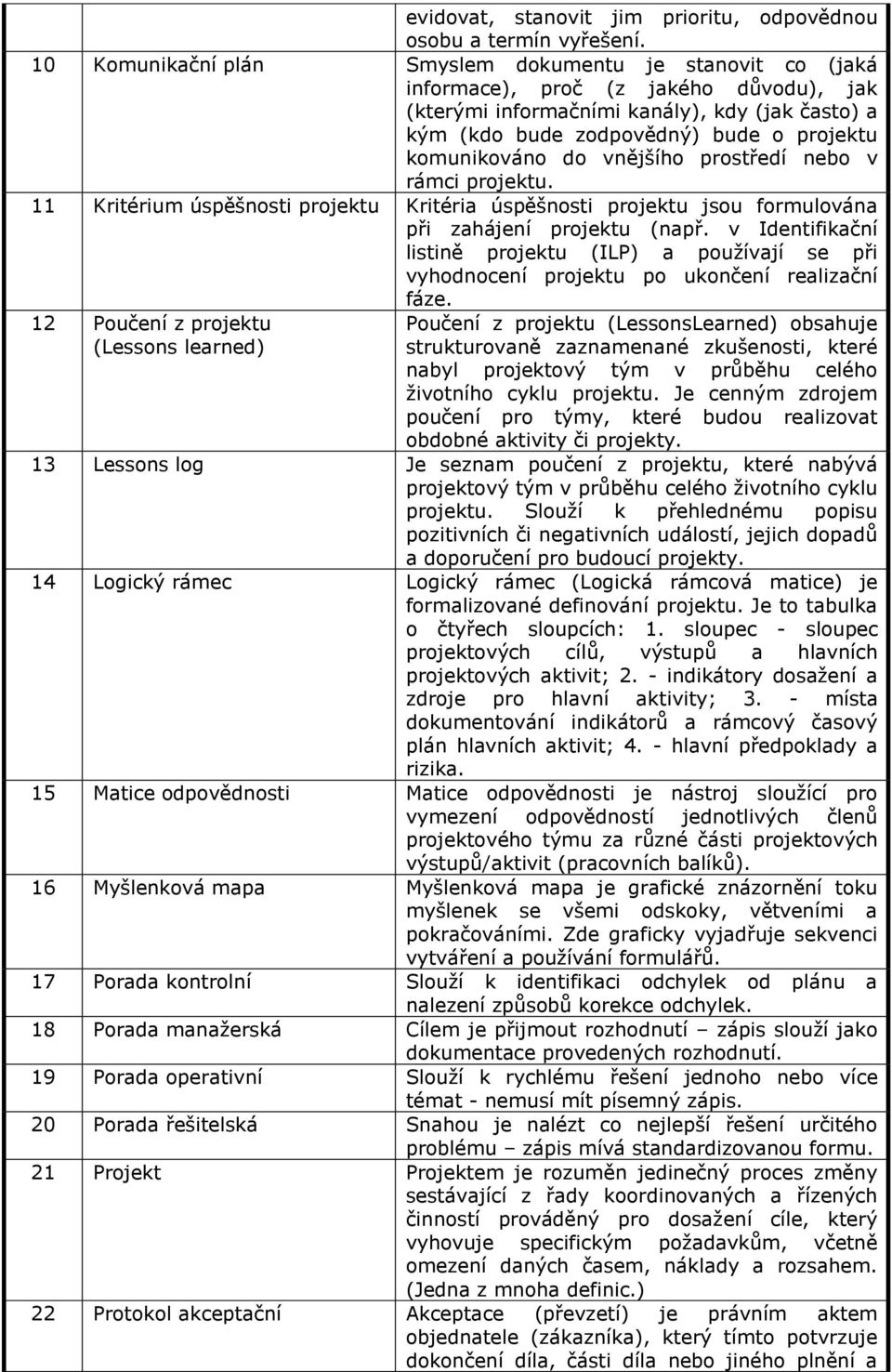 komunikováno do vnějšího prostředí nebo v rámci projektu. 11 Kritérium úspěšnosti projektu Kritéria úspěšnosti projektu jsou formulována při zahájení projektu (např.