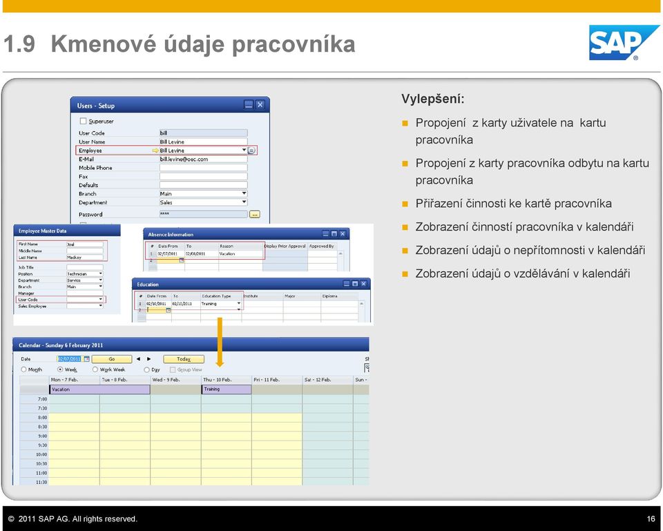 pracovníka Zobrazení činností pracovníka v kalendáři Zobrazení údajů o