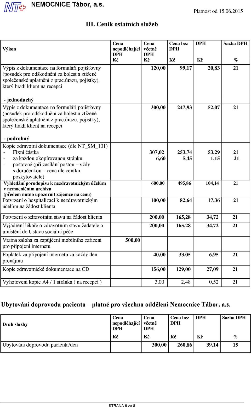 úrazu, pojistky), který hradí klient na recepci - podrobný Kopie zdravotní dokumentace (dle NT_SM_101) - Fixní částka - za každou okopírovanou stránku - poštovné (při zasílání poštou vždy s