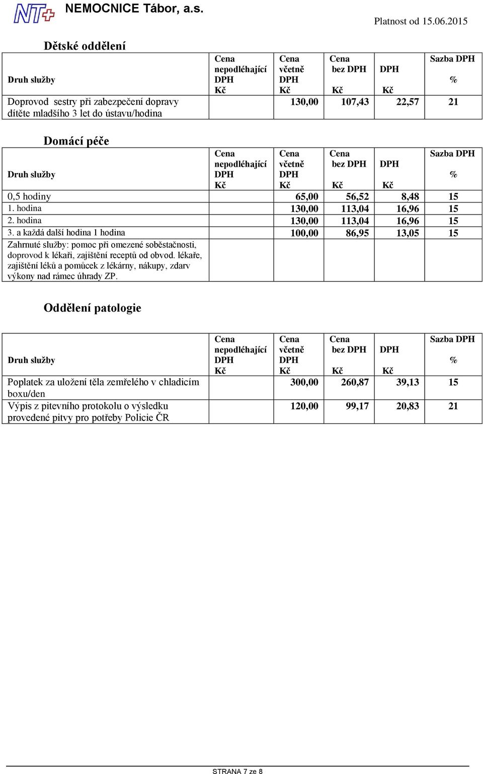 Dětské oddělení Doprovod sestry při zabezpečení dopravy dítěte mladšího 3 let do ústavu/hodina bez 130,00 107,43 22,57 21 užby Domácí péče bez 0,5 hodiny 65,00 56,52 8,48 15 1.