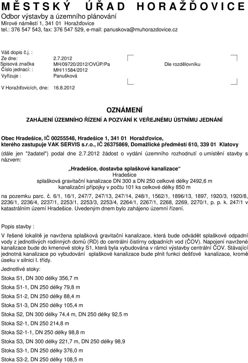 /2012 Vyřizuje : Panušková Dle rozdělovníku V Horažďovicích, dne: 16.8.