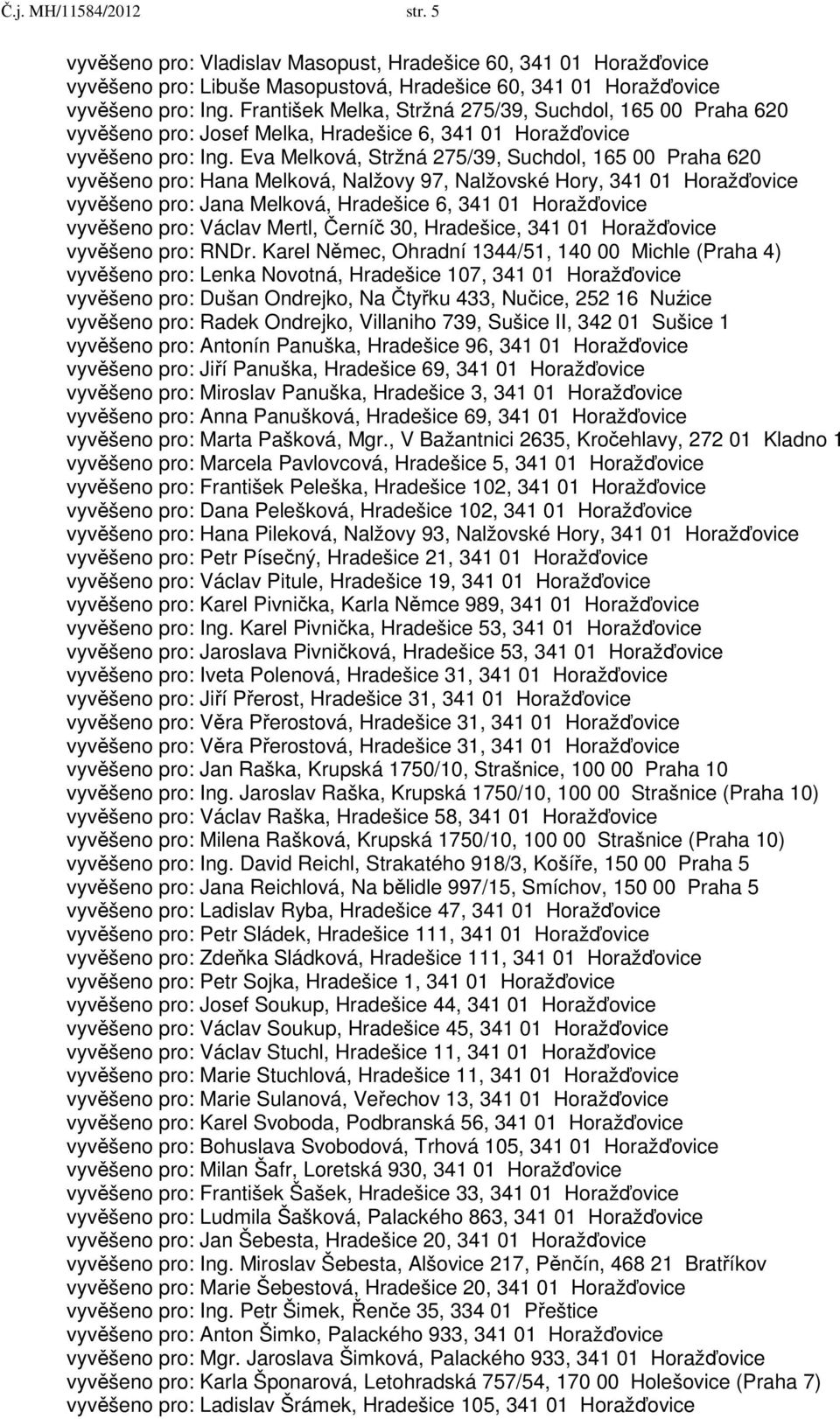Eva Melková, Stržná 275/39, Suchdol, 165 00 Praha 620 vyvěšeno pro: Hana Melková, Nalžovy 97, Nalžovské Hory, 341 01 Horažďovice vyvěšeno pro: Jana Melková, Hradešice 6, 341 01 Horažďovice vyvěšeno