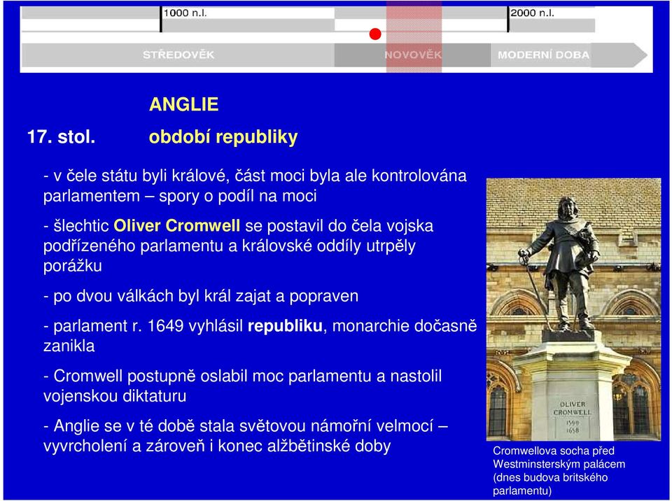 postavil do čela vojska podřízeného parlamentu a královské oddíly utrpěly porážku - po dvou válkách byl král zajat a popraven - parlament r.