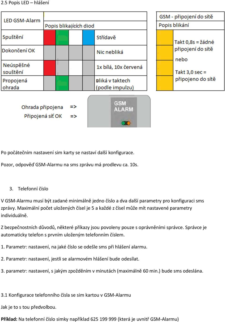 Maximální počet uložených čísel je 5 a každé z čísel může mít nastavené parametry individuálně. Z bezpečnostních důvodů, některé příkazy jsou povoleny pouze s oprávněními správce.