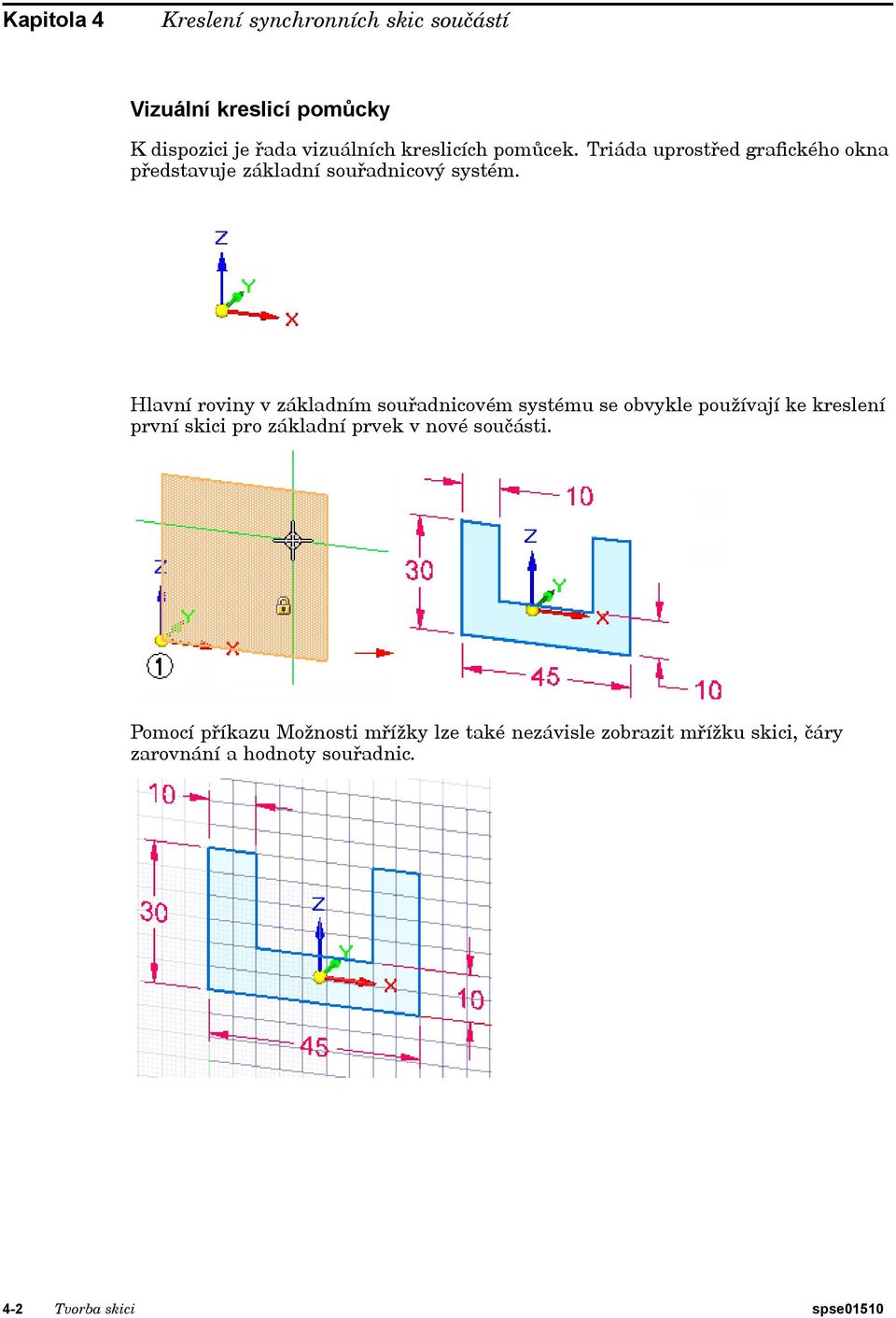 Hlavní roviny v základním souřadnicovém systému se obvykle používají ke kreslení první skici pro základní prvek v