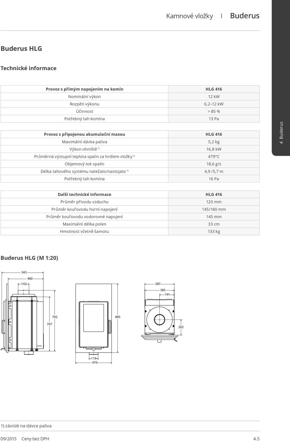 1) 4,9 /5,7 m 16 Pa Další technické informace HLG 416 Průměr přívodu vzduchu 120 mm Průměr kouřovodu horní napojení 145/180 mm Průměr kouřovodu vodorovné napojení 145 mm Maximální délka polen 33 cm