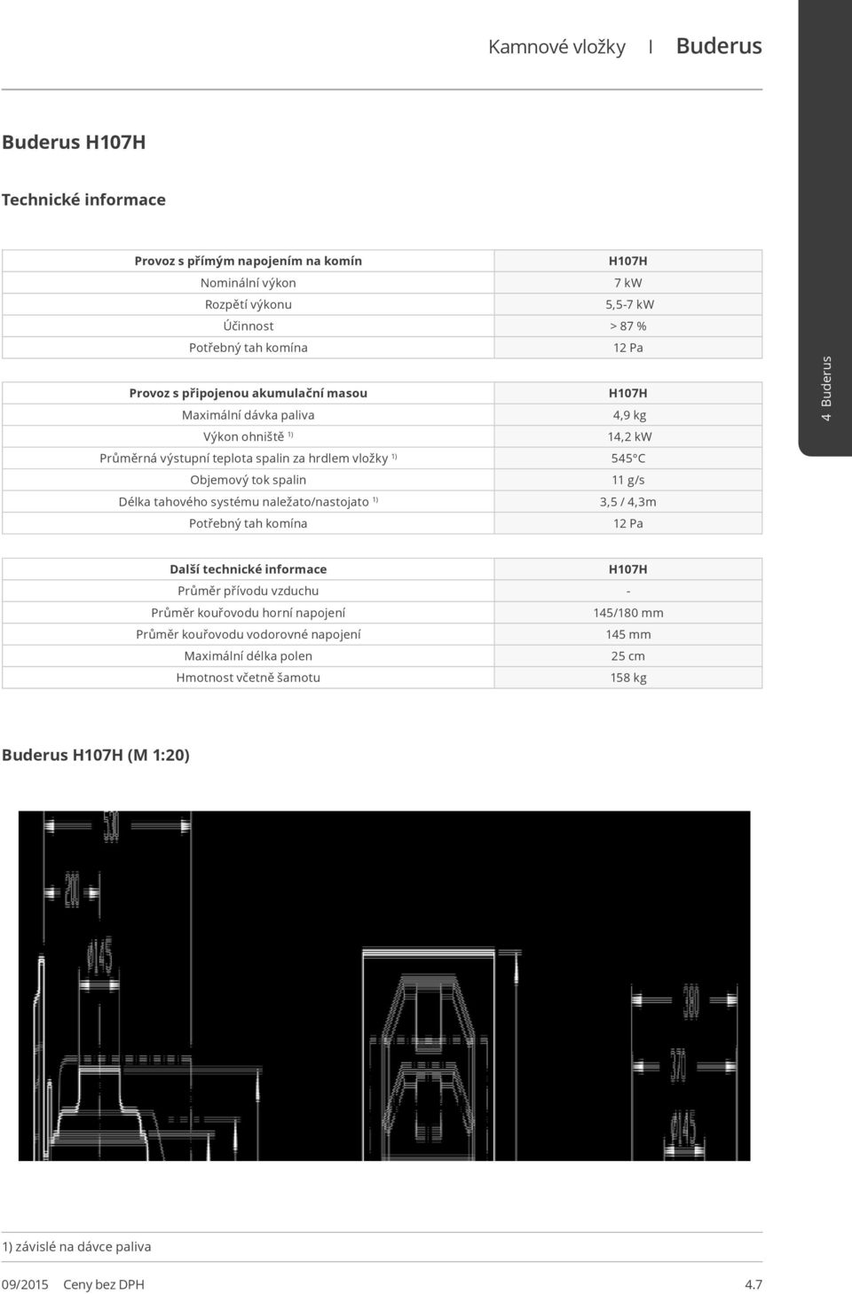 spalin 11 g/s Délka tahového systému naležato/nastojato 1) 3,5 / 4,3m 12 Pa Další technické informace H107H Průměr přívodu vzduchu - Průměr kouřovodu horní napojení