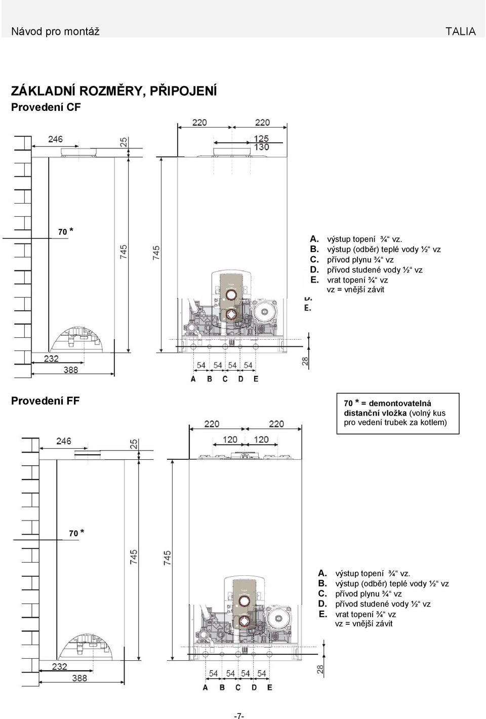 vrat topení ¾ vz vz = vnější závit Provedení FF 70 * = demontovatelná distanční vložka (volný kus pro vedení