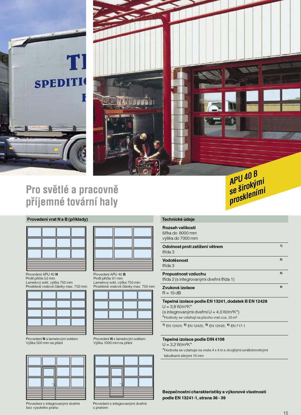 750 mm Rozsah velikostí šířka do 8000 mm výška do 7000 mm Odolnost proti zatížení větrem 1) třída 3 Vodotěsnost 2) třída 3 Propustnost vzduchu 3) třída 2 (s integrovanými dveřmi třída 1) Zvuková