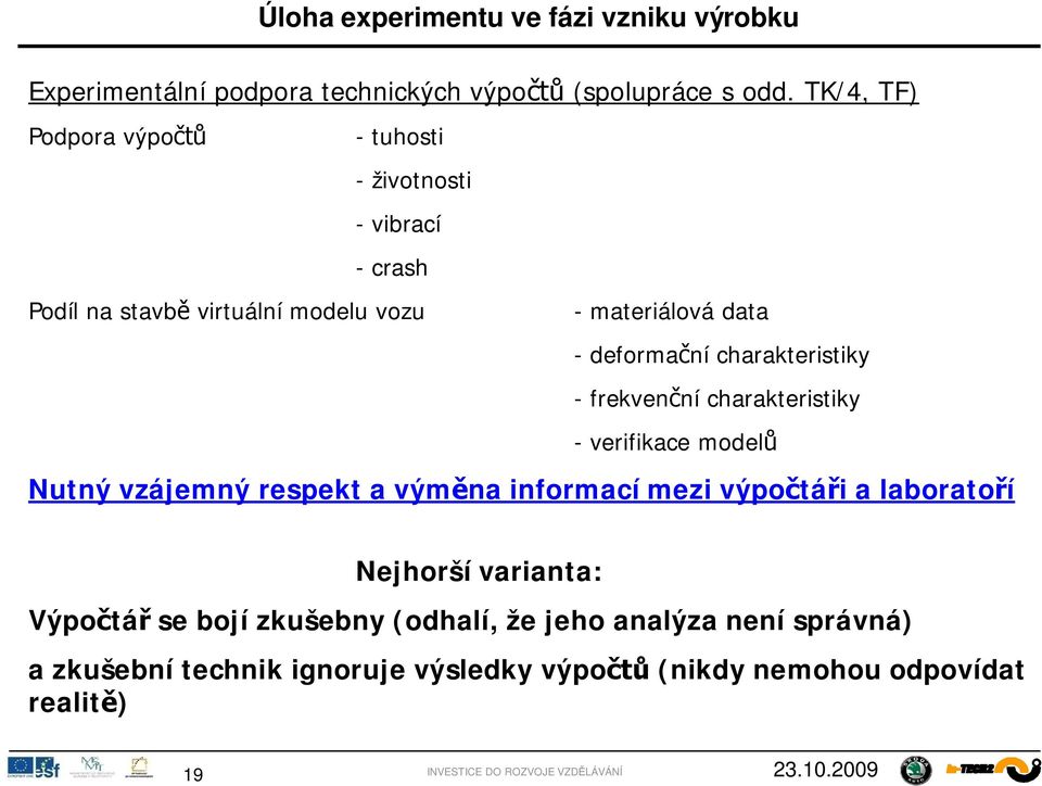 - deformaní charakteristiky - frekvenní charakteristiky - verifikace model Nutný vzájemný respekt a výmna informací