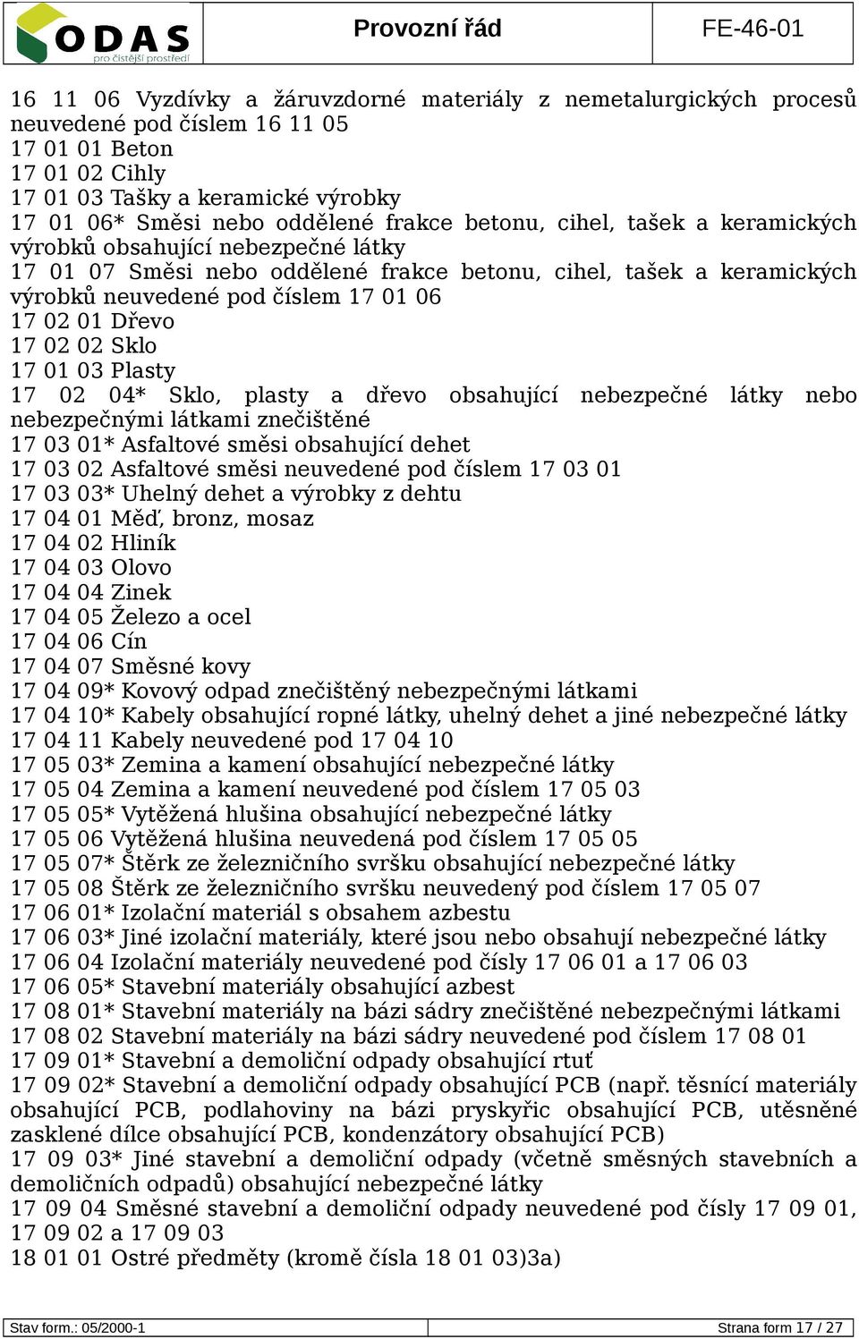 17 01 03 Plasty 17 02 04* Sklo, plasty a dřevo obsahující nebo nebezpečnými látkami znečištěné 17 03 01* Asfaltové směsi obsahující dehet 17 03 02 Asfaltové směsi neuvedené pod číslem 17 03 01 17 03