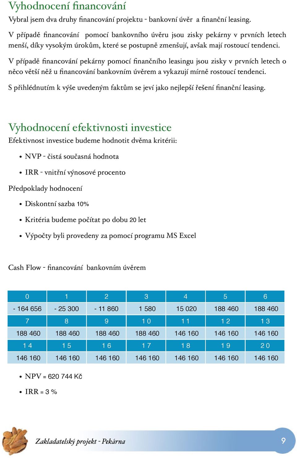 V případě financování pekárny pomocí finančního leasingu jsou zisky v prvních letech o něco větší něž u financování bankovním úvěrem a vykazují mírně rostoucí tendenci.