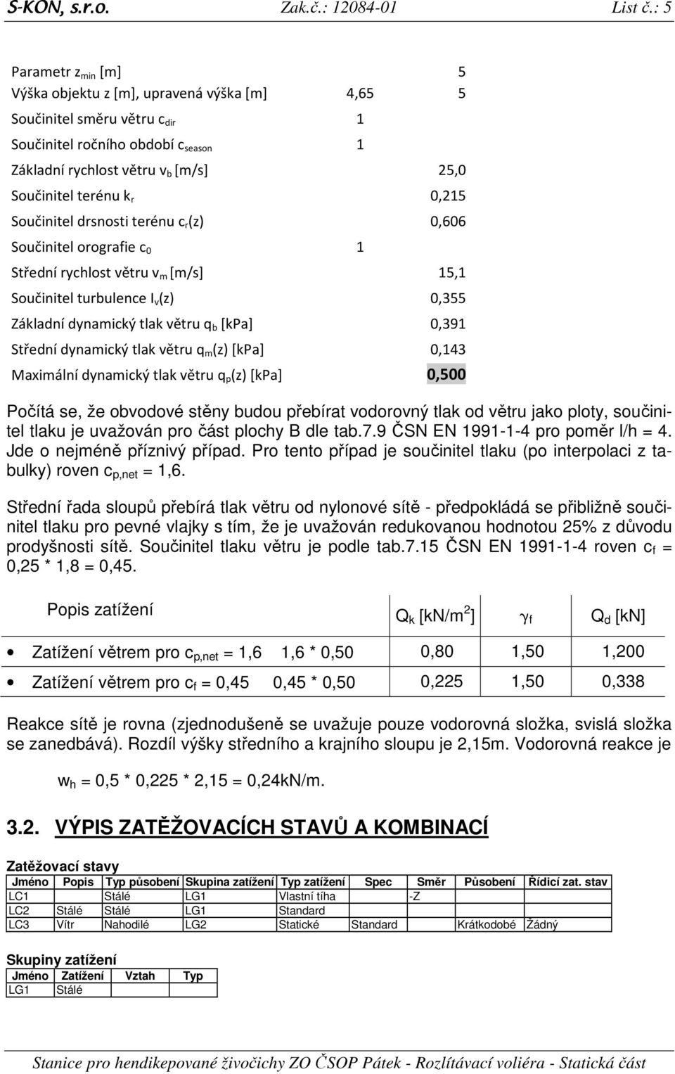 0,215 Součinitel drsnosti terénu c r (z) 0,606 Součinitel orografie c 0 1 Střední rychlost větru v m [m/s] 15,1 Součinitel turbulence I v (z) 0,355 ákladní dynamický tlak větru q b [kpa] 0,391