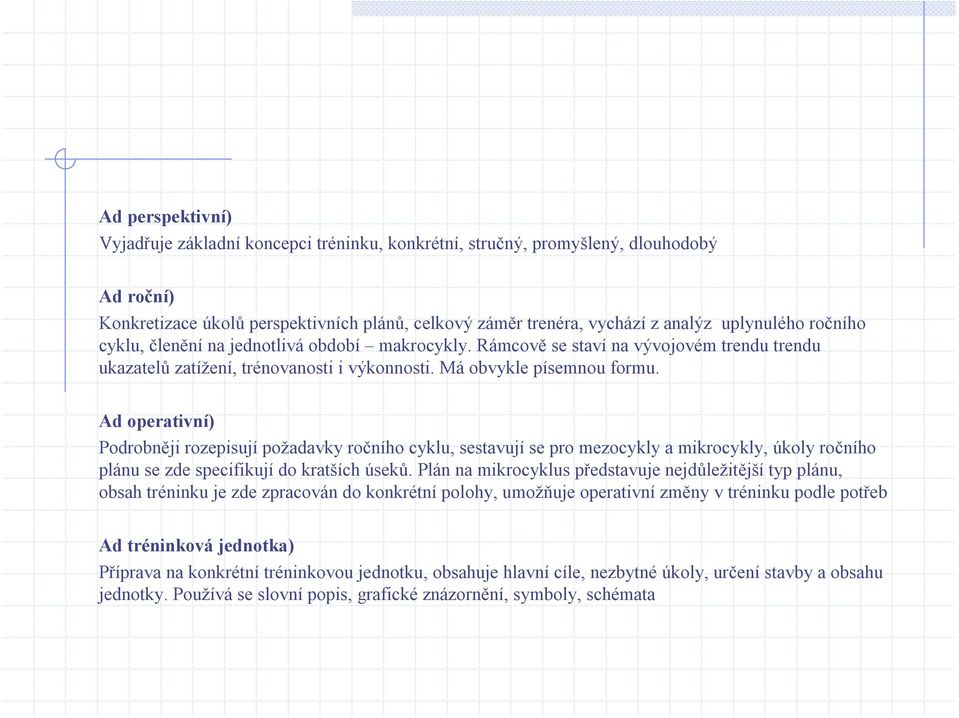 Ad operativní) Podrobněji rozepisují požadavky ročního cyklu, sestavují se pro mezocykly a mikrocykly, úkoly ročního plánu se zde specifikují do kratších úseků.