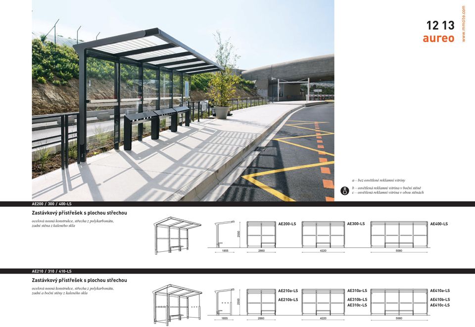 z kaleného skla AE200-LS AE300-LS AE400-LS AE210 / 310 / 410-LS Zastávkový přístřešek s plochou střechou